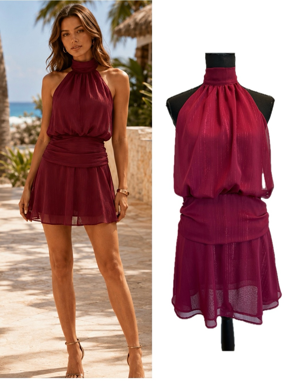 Burgundy Ref Shimmer Halter Mini Dress Open Back Ruched Waist Sz L flare skater